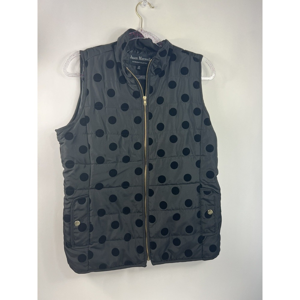 Jason Maxwell Vest Women's Sz M‎ Black Zip Snap Pockets Polka Dots
